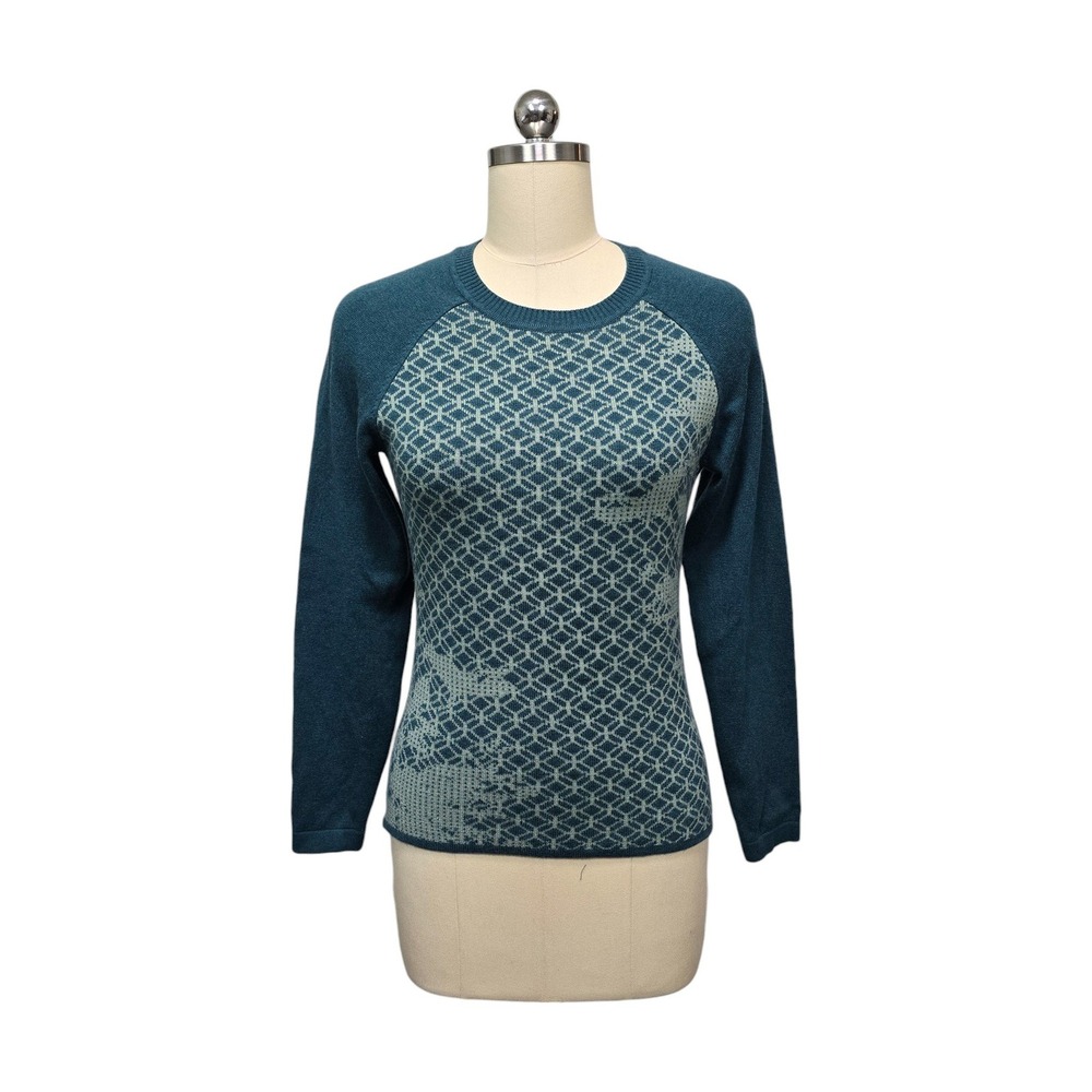 Prana Teal Geometric Pattern Raglan Sleeve Knit Crewneck Sweater Size XS‎ Wool